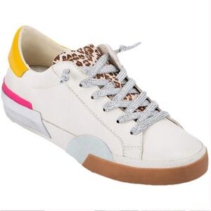 Dolce Vita - Leather Sneakers White with Leopard, Pink, and Yellow Accents